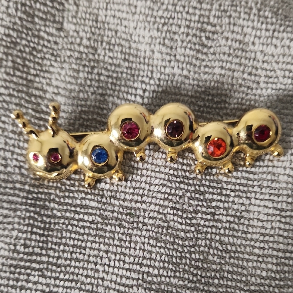 Vintage Caterpillar Brooch Gold-tone with Multicolored Rhinstones
